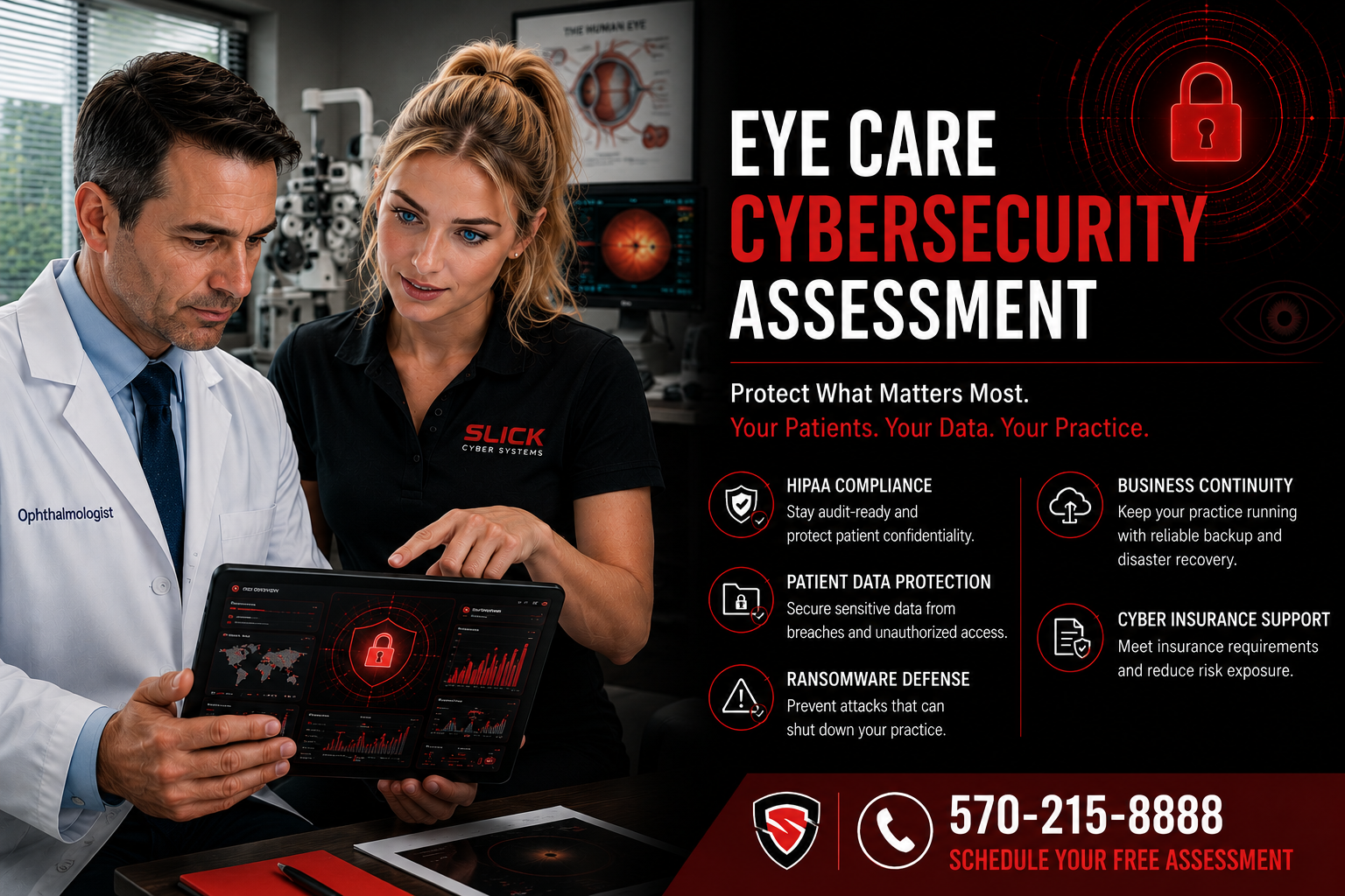 Ophthalmologist and assistant review a tablet displaying a red lock cybersecurity dashboard beside the headline Eye Care Cybersecurity Assessment.