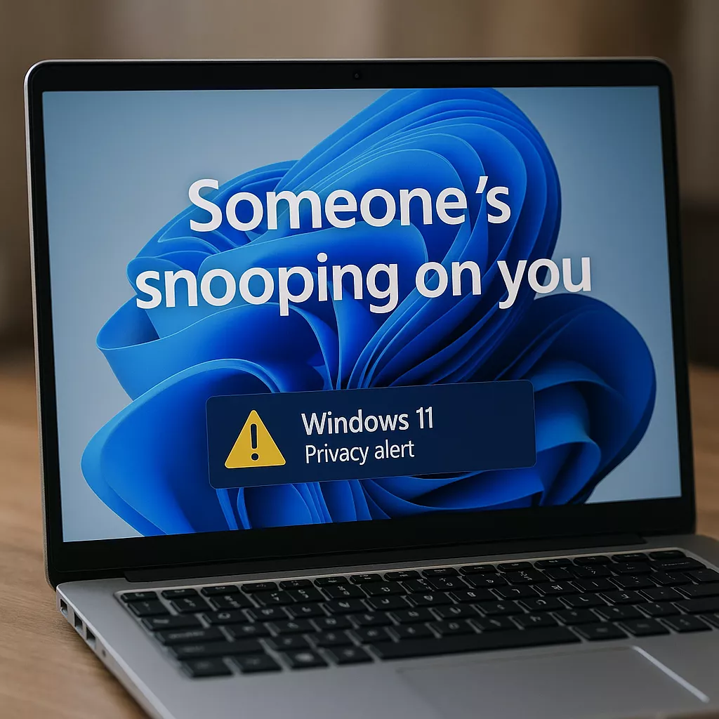 a laptop displaying a Windows 11 screen with a blue background. The screen shows a bold message that reads “Someone’s snooping on you” above a yellow warning icon and the text “Windows 11 Privacy alert.” The laptop rests on a wooden desk in a softly lit room, emphasizing the cybersecurity warning.