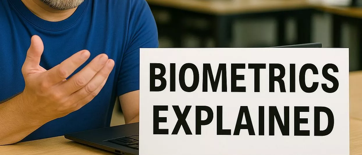 Digital illustration of a fingerprint scan glowing on a screen with a human face silhouette and circuit lines in the background, symbolizing biometric security and its risks.