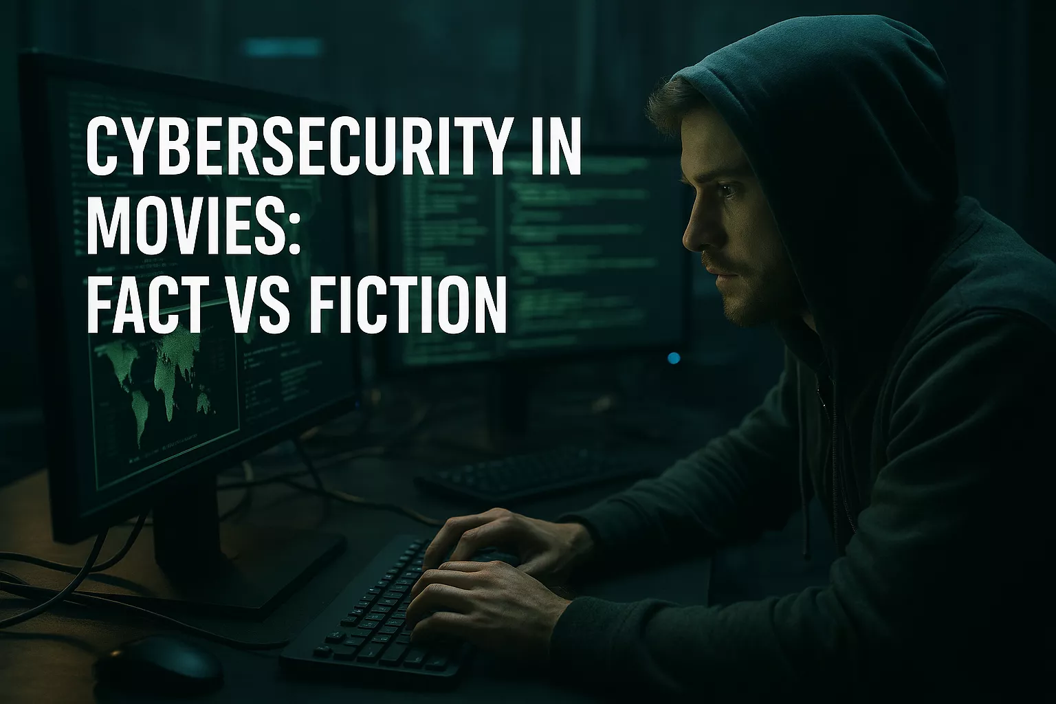 a focused man in a dark hoodie sitting at a desk with multiple monitors showing green code and a world map. The text on the image reads “Cybersecurity in Movies: Fact vs Fiction,” symbolizing the contrast between cinematic portrayals of hacking and real-world cybersecurity practices.